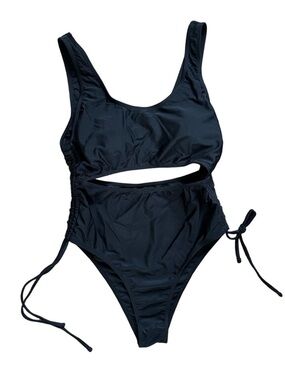 NWOT Women's Sexy Black Print High-Waisted Swim Suit Adjustable Fit Size Large